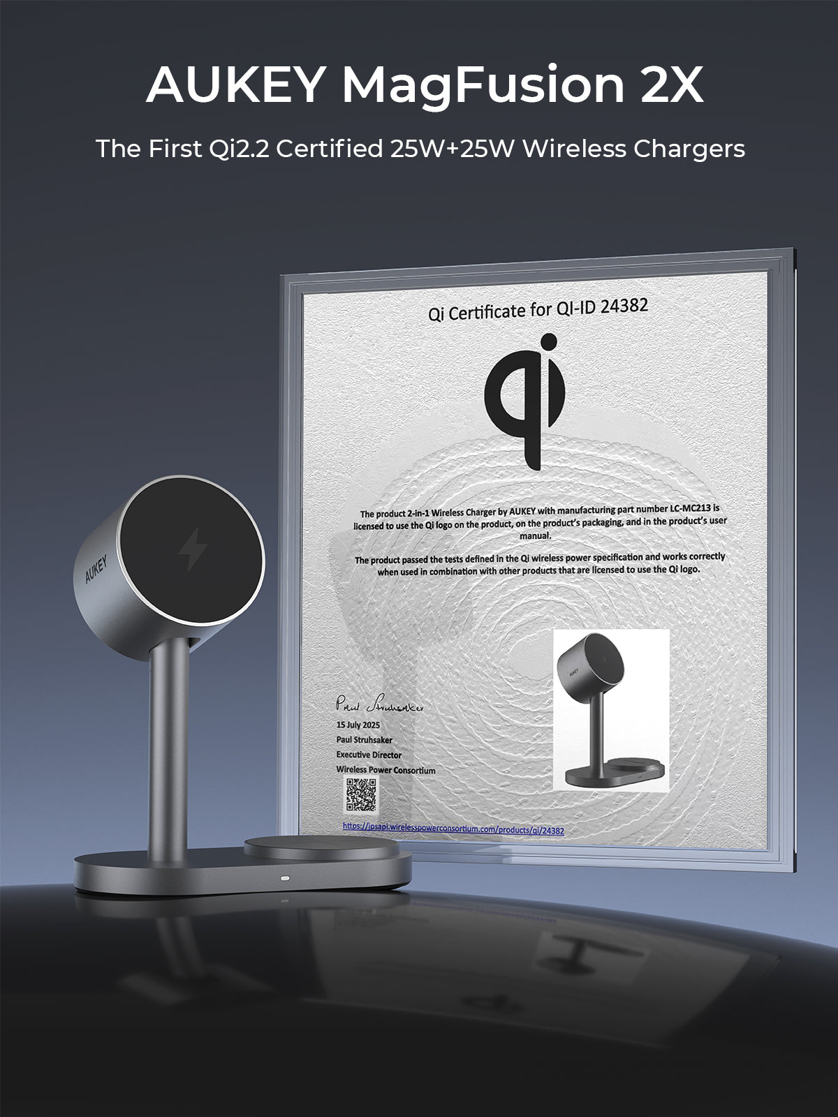 AUKEY Qi2.2 MagFusion 2X Wireless Charging Station 2-in-1 Magnetic Wireless Charger LC-MC213 (Wall Charger Not Included)