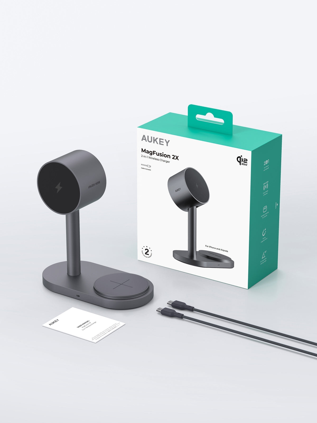 AUKEY Qi2.2 MagFusion 2X Wireless Charging Station 2-in-1 Magnetic Wireless Charger LC-MC213  (Wall Charger Not Included)