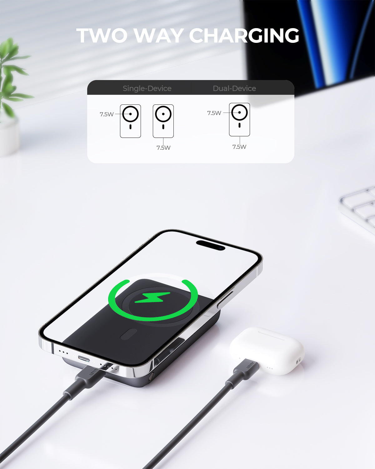 AUKEY MagFusion 6700 6700mAh 20W Magnetic Wireless Charging Power Bank USB C-C  Included Gray PB-MS01
