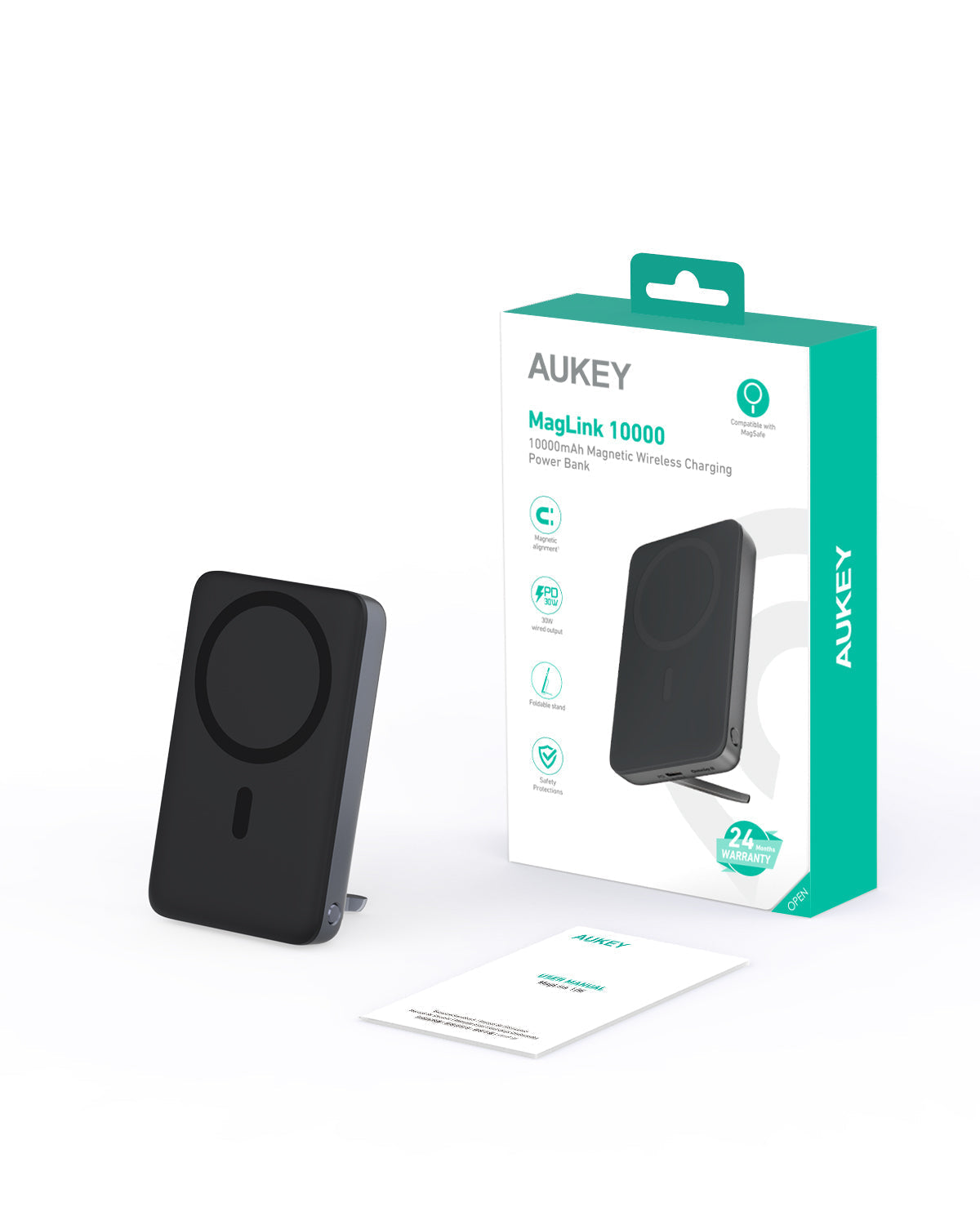 AUKEY MagFusion 10000 10000mAh 30W Magnetic Wireless Charging Power Bank USB C-C  Included Gray PB-MS02
