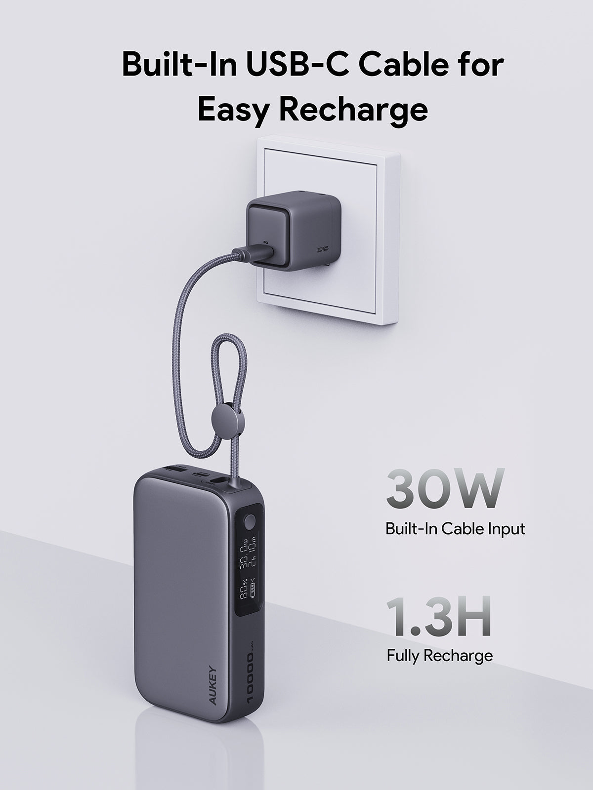 AUKEY Spark Sling 10000 Compact Fast Charging Power Bank  with Built-in USB-C Cable PB-Y47