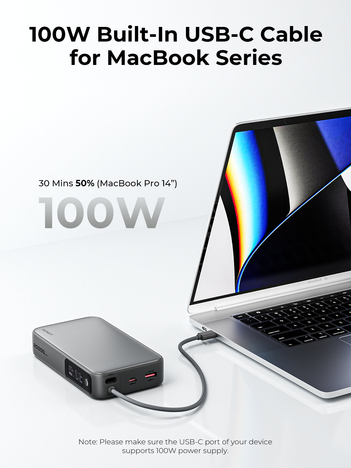 AUKEY Spark Sling 20000 Compact Fast Charging Power Bank  with Built-in USB-C Cable PB-Y48
