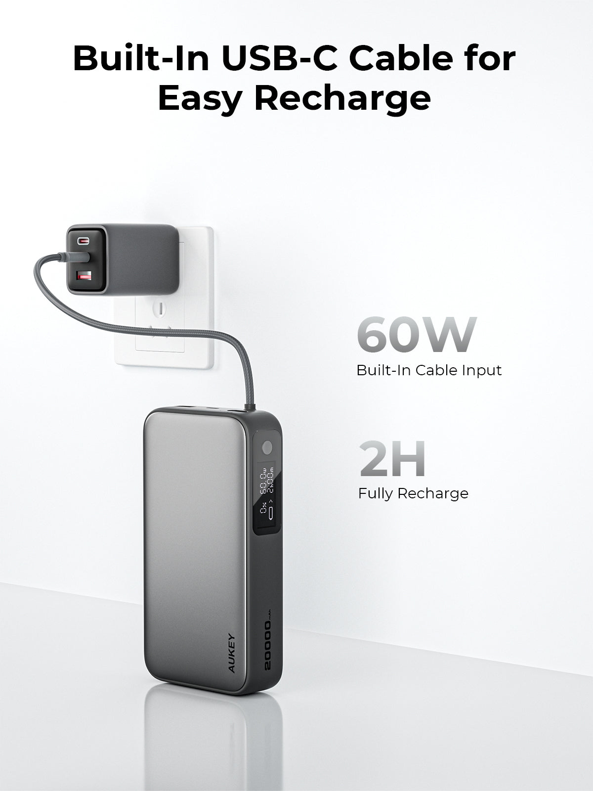 AUKEY Spark Sling 20000 Compact Fast Charging Power Bank  with Built-in USB-C Cable PB-Y48
