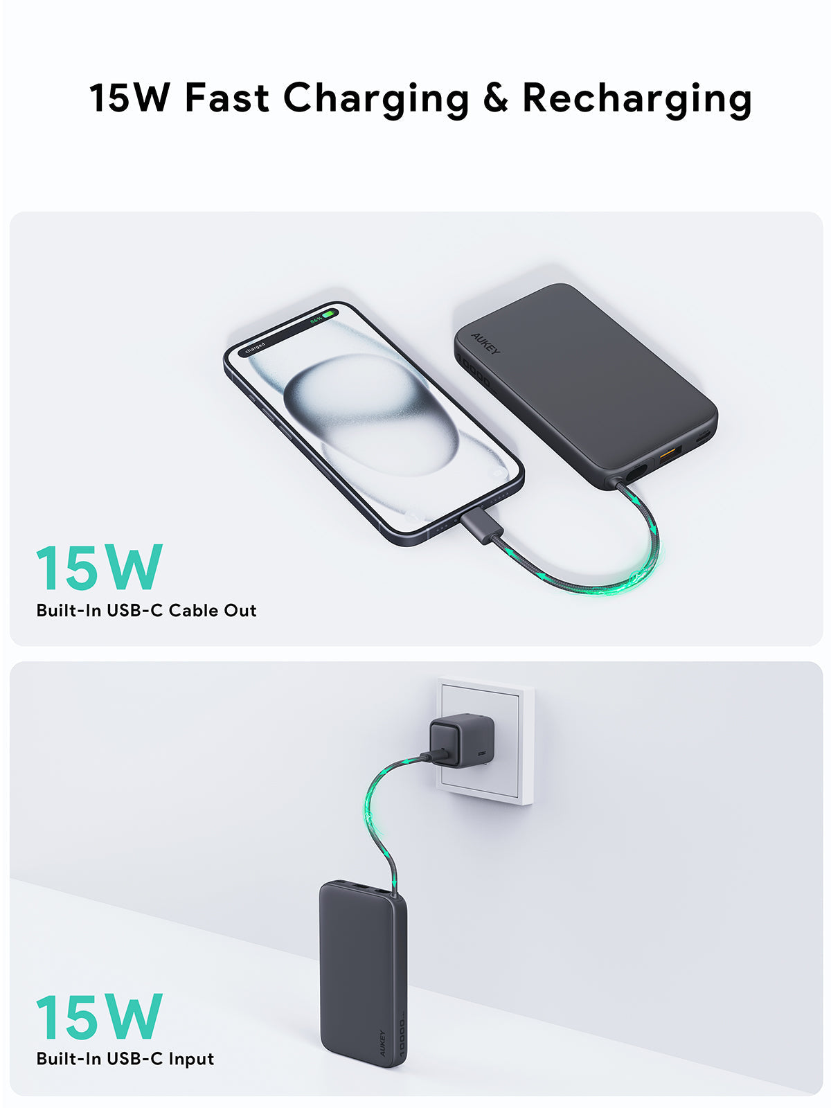 AUKEY Spark Sling 10000 Lite Slim Power Bank with Buit-in USB-C Cable PB-Y53